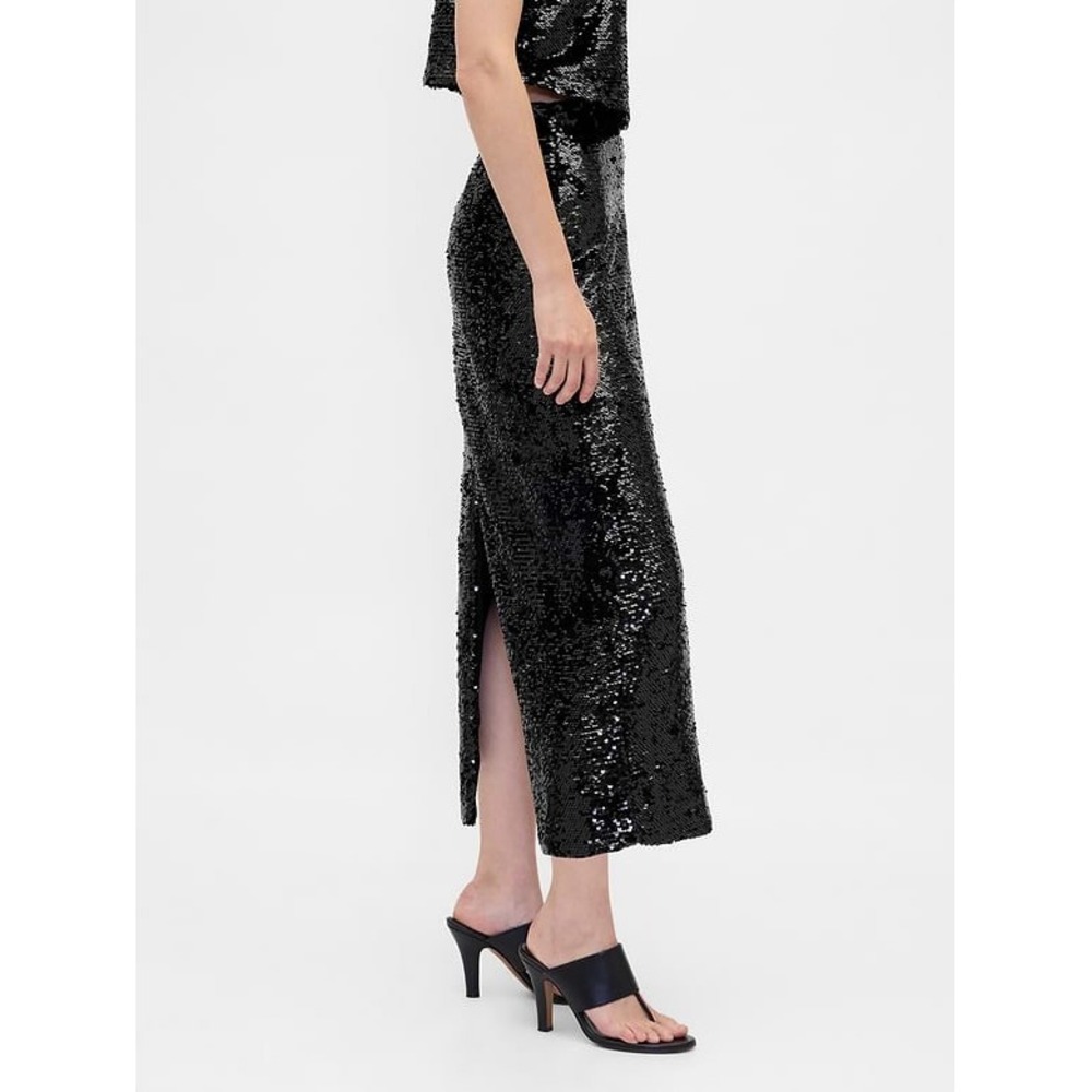Gap Womens Black Sequin Midi Skirt High Waisted Back Slit Party Holiday XXS